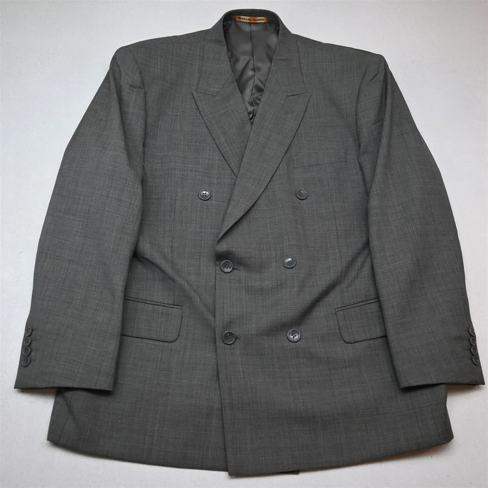 Richard Harris 46R 36x32 Gray Sharkskin Wool Double Breasted Jacket Pants Suit